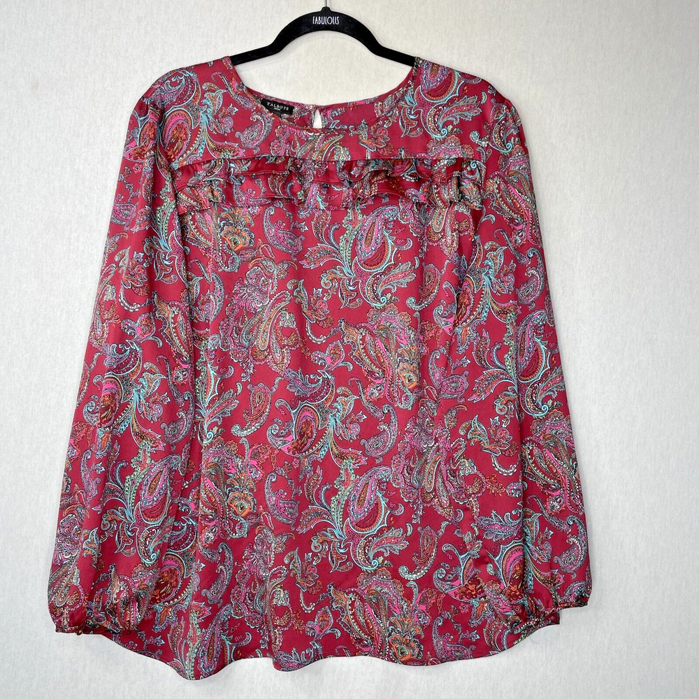 Talbots Top Blouse Plus Size 2X Cranberry Purple Red Paisley Long Sleeve Ruffle
